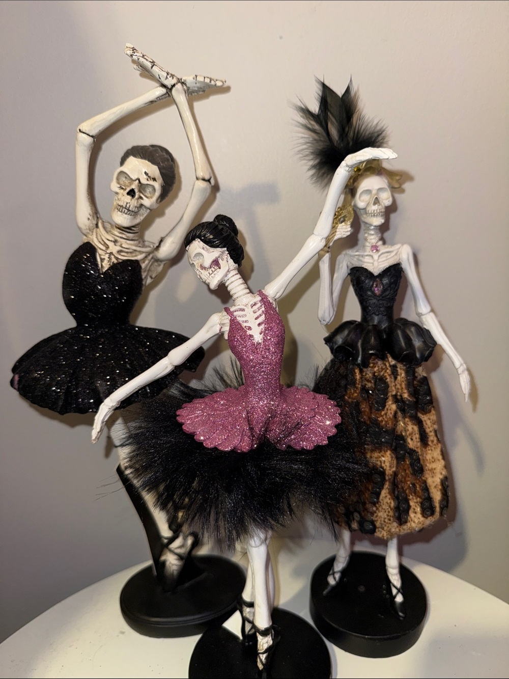 Halloween Skeleton Ballerina Figurines - Black & Pink Decorative Set